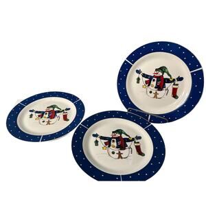 Set of 3 Today's Living 10 1/2” Christmas Snowman Blue Rim Dinner Plates Winter